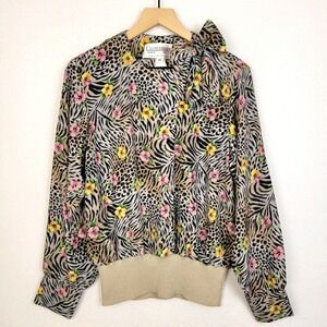 VTG 80s Castleberry Floral Animal Print Bow Blouse Sz 12 Mob Wife Maximalist USA